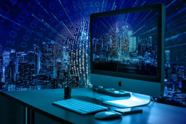 Digitális városkép asztali számítógéppel, kék árnyalatokban
