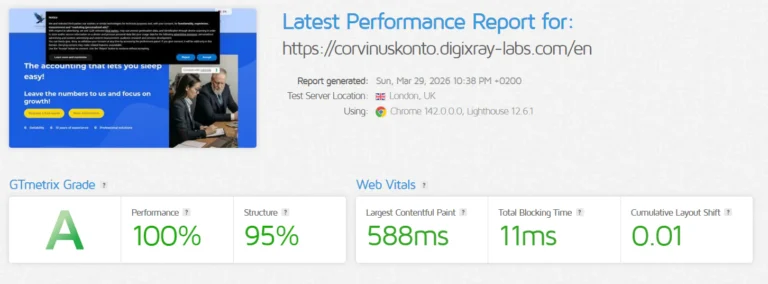 GTmetrix teljesítményjelentés A-osztályzattal, kiváló webhelymutatókkal.