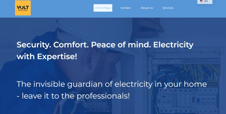 Villanyszerelő elektromos kapcsolószekrénynél, Volt Masters weboldal, biztonságos áram