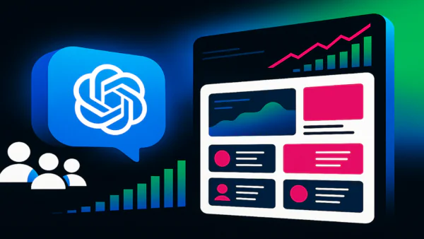 ChatGPT logó, felhasználók, növekedő grafikonok, adat dashboard.