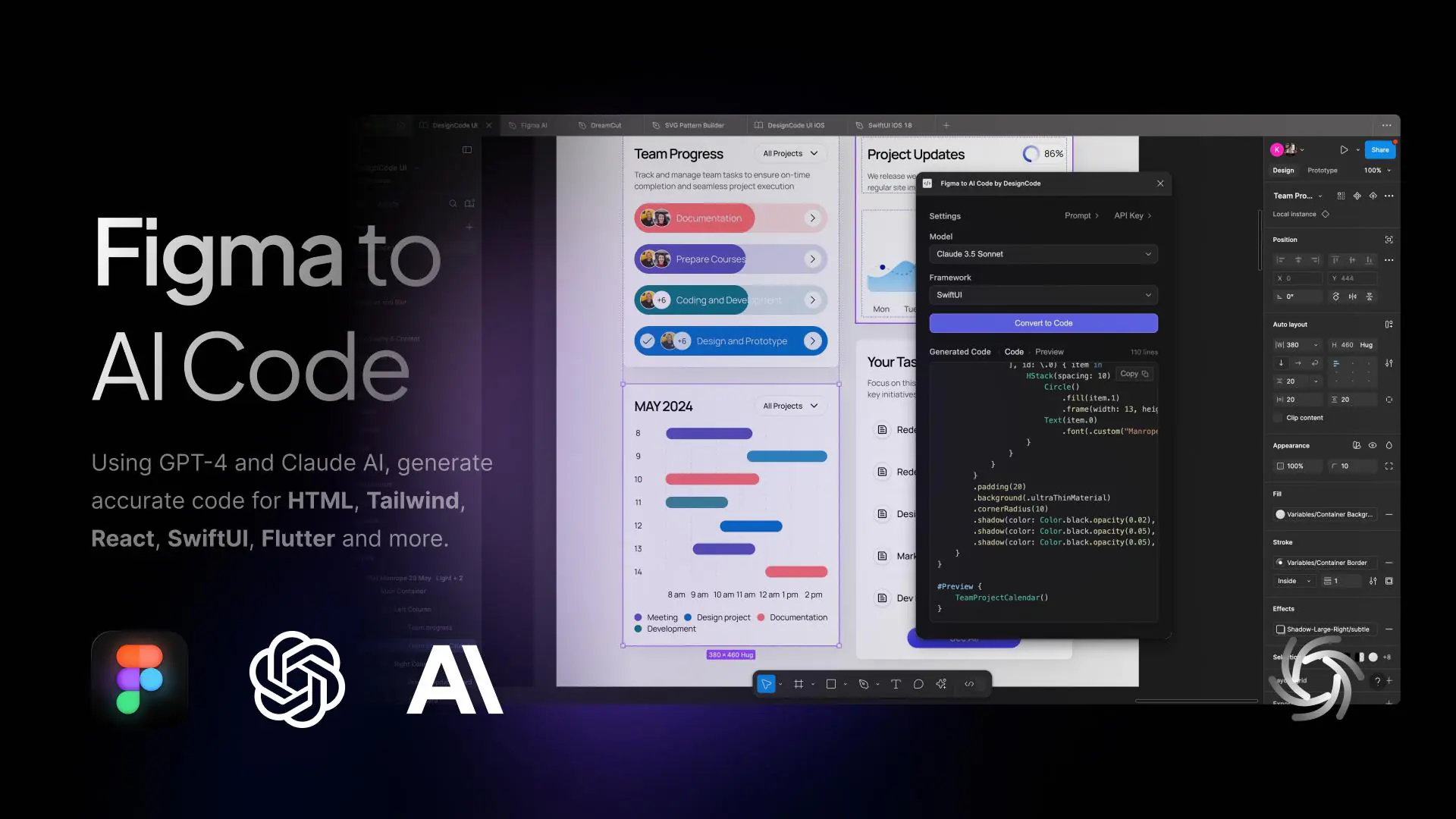 Figma designból AI kódgenerálás különböző programozási nyelvekre.