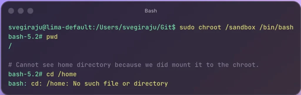 Bash terminál chroot, pwd és cd parancsokkal.