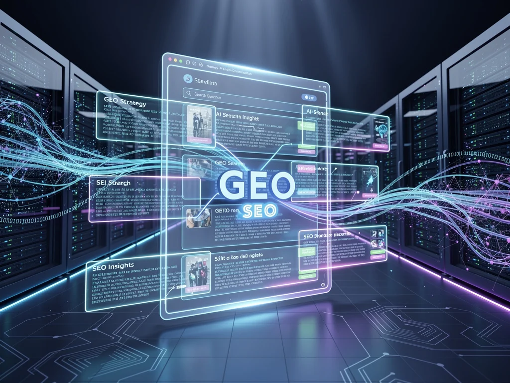 GEO SEO interfész adatközpontban, futurisztikus technológiai vizualizáció.