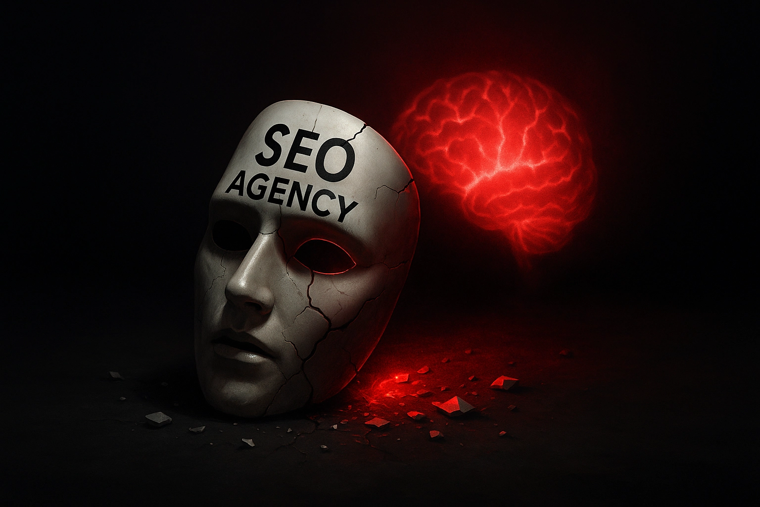 SEO-Agentur: Maske, Risse, glühendes Gehirn, dunkler Hintergrund