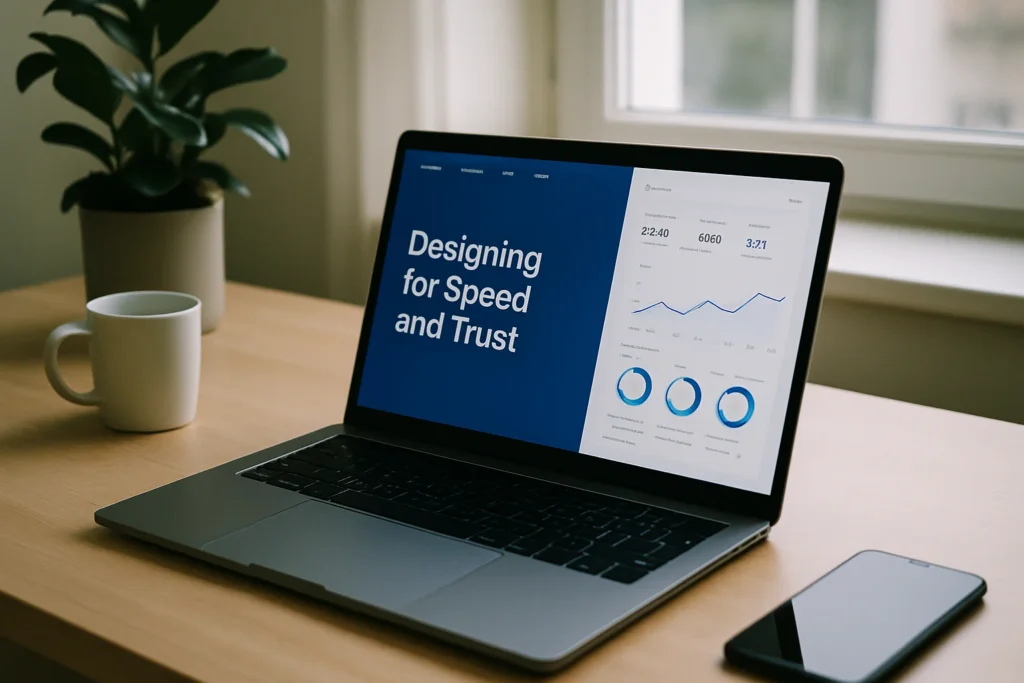 Laptop képernyőn webdesign prezentáció adatelemzési grafikonokkal