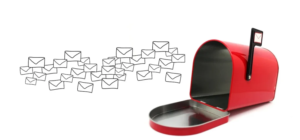 Piros postaláda képregény borítékokkal, kommunikáció, üzenetek.