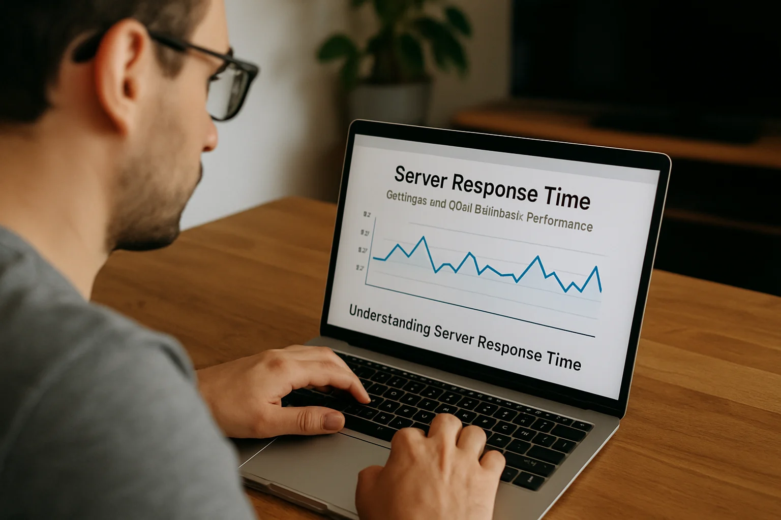 Ein Mann betrachtet einen Laptop mit einer Grafik zur Server-Reaktionszeit