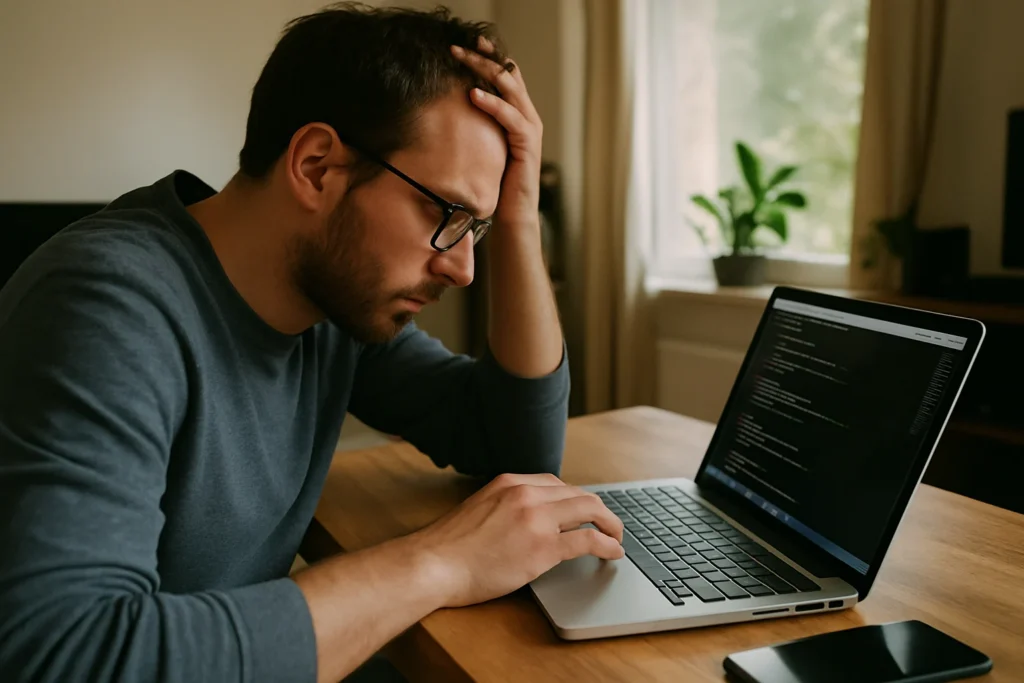 Stresszes férfi laptopot néz kóddal a képernyőn