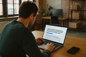 Férfi laptopot használ modern irodai környezetben