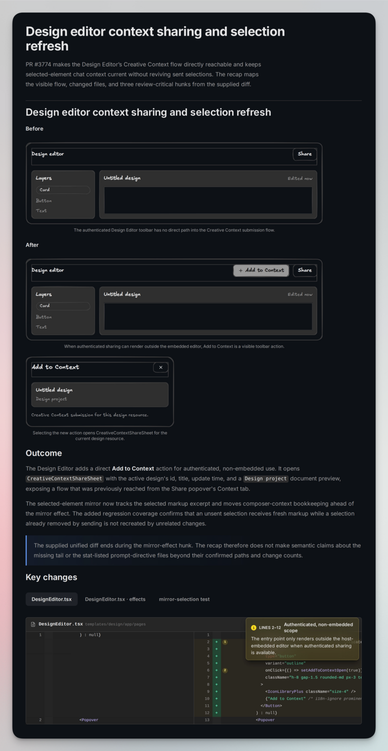 Before-and-after editor views showing Add to Context controls and highlighted code changes for AI agent collaboration.