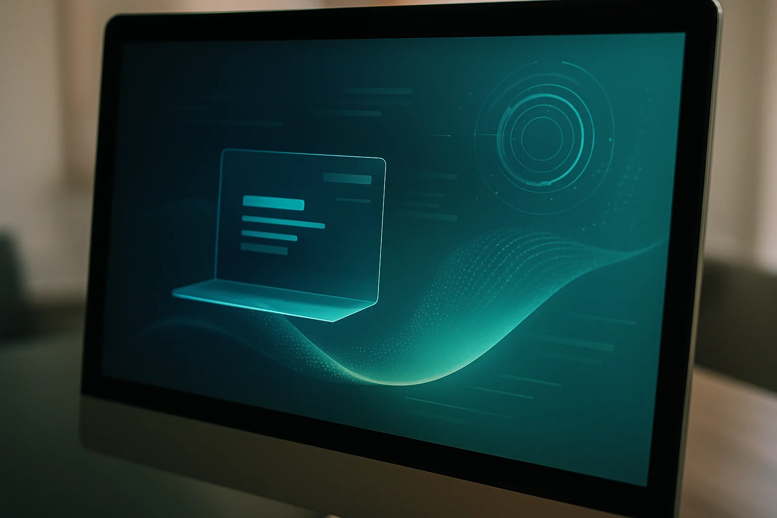 Futuristikus laptopgrafika türkiz digitális háttérrel