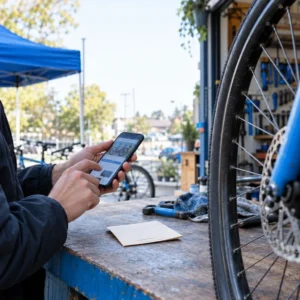 Customer tests a website search on a smartphone at a bicycle repair shop counter