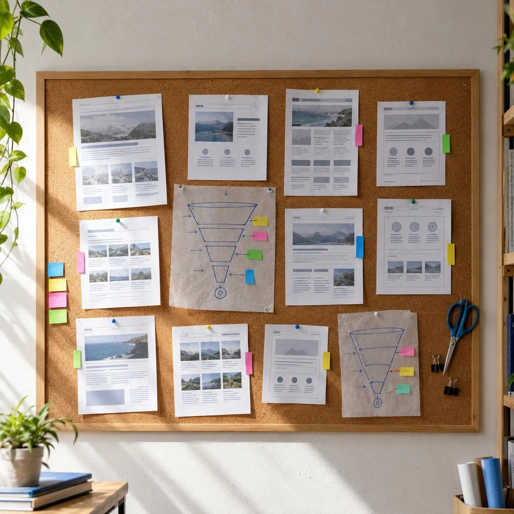 Printed website page layouts and conversion pathways mapped on a small agency corkboard