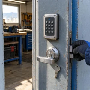 Real workshop access-control hardware inspected at a service door in Austria