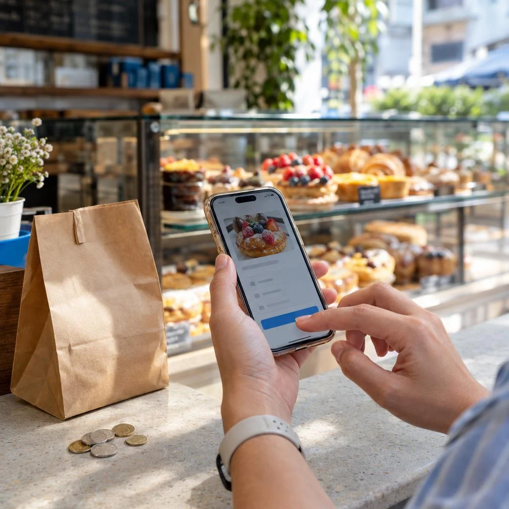 Customer tests a mobile ordering flow at an independent Singapore dessert kiosk