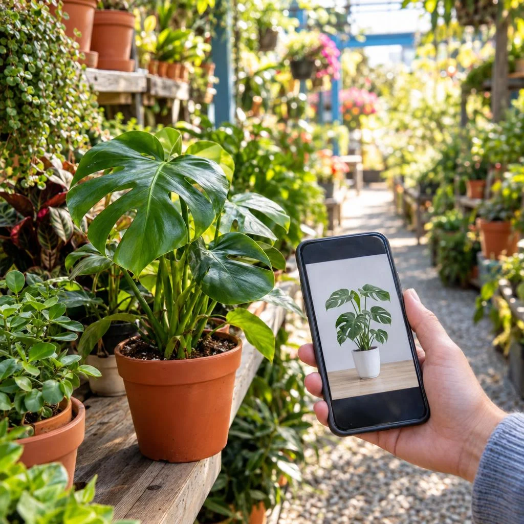 Customer compares mobile advertisement with real merchandise in an independent plant nursery