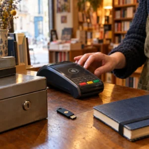 Payment terminal and a security key at a French independent bookshop checkout