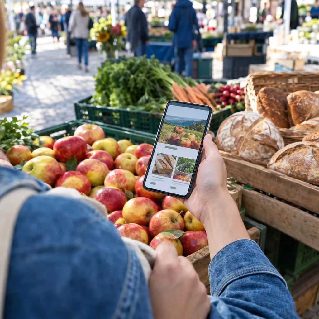 Customer tests a local vendor website on a phone at a German farmers market