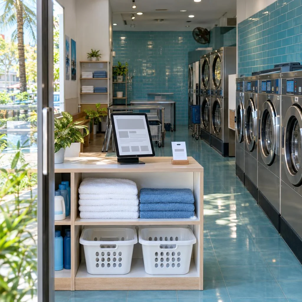 Self-service laundromat environment with a tablet for website conversion review
