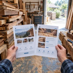 Woodworking shop website layouts compared beside real workshop tools