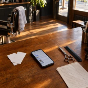 Appointment tickets and a mobile search at a neighborhood barbershop counter