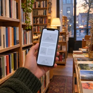 Website mobile layout tested while visiting a German independent bookshop