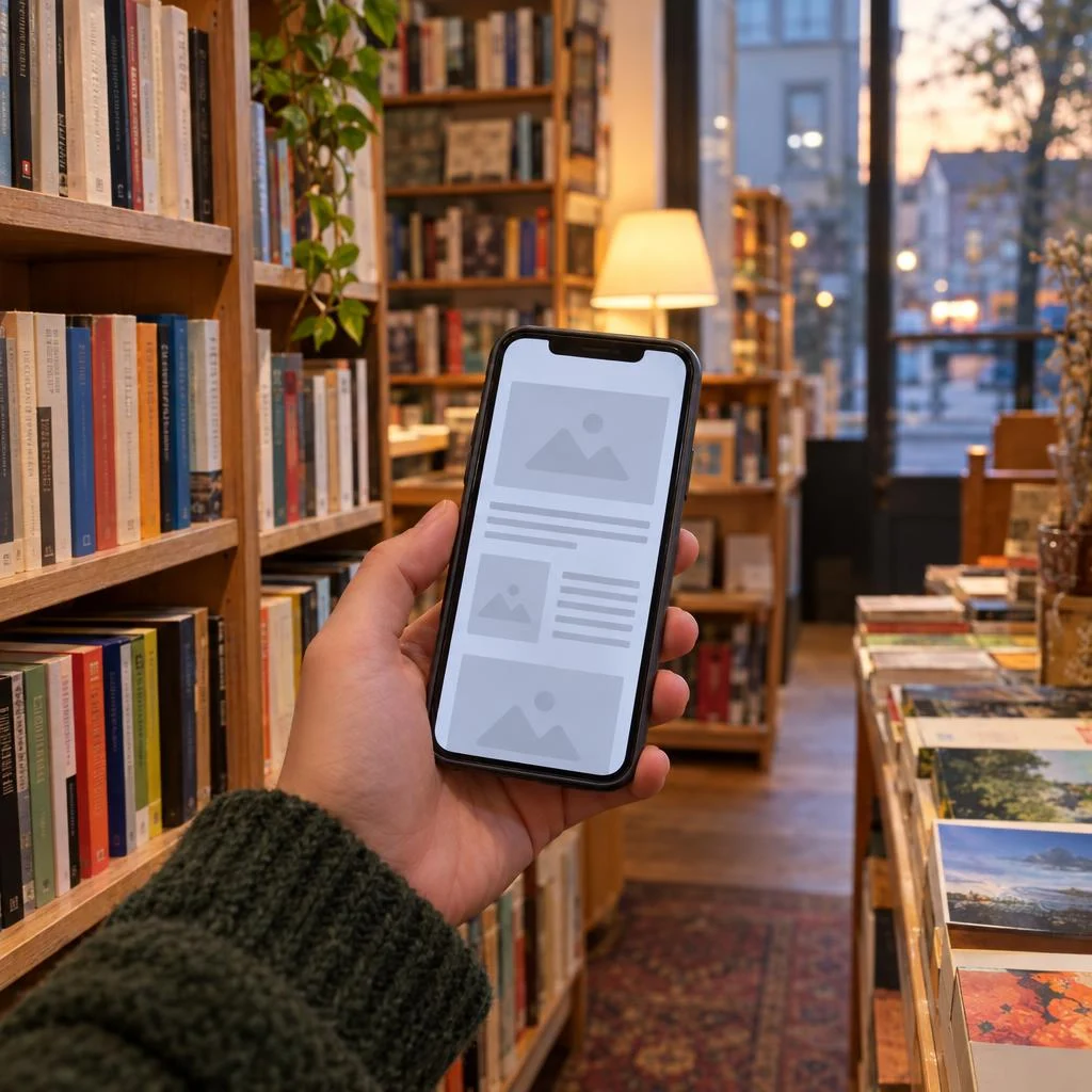 Website mobile layout tested while visiting a German independent bookshop