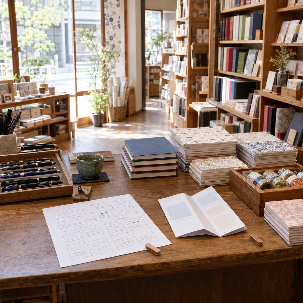 Website layout mockups in a Japanese neighborhood stationery shop