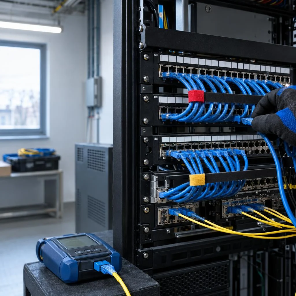Network hardware and cable connections inspected for technical site performance