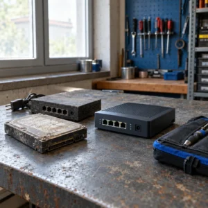 Outdated and modern IT security components compared at a repair workshop