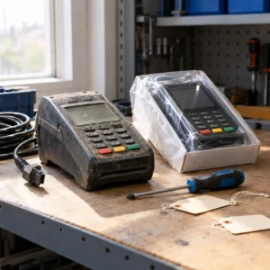 Obsolete and replacement checkout equipment highlighting old software security risks