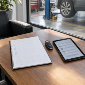 Car service booking checklist, tablet and car keys for conversion data validation