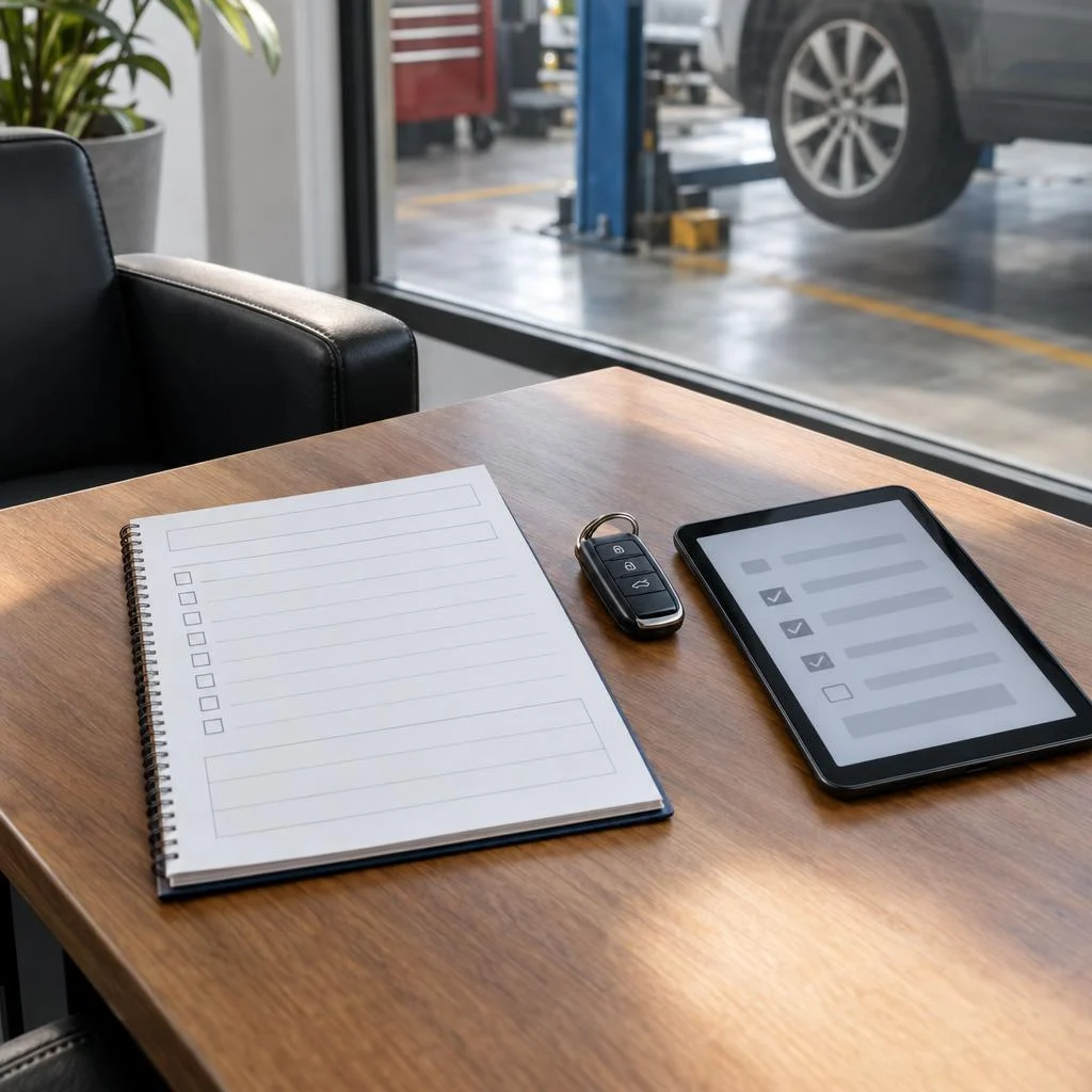 Car service booking checklist, tablet and car keys for conversion data validation