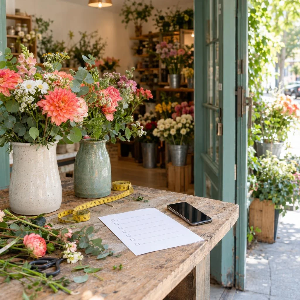 Website diagnostic journey checklist at a real neighborhood flower shop counter