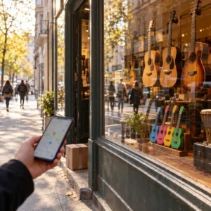 A visitor finds a neighborhood musical instrument store through mobile search
